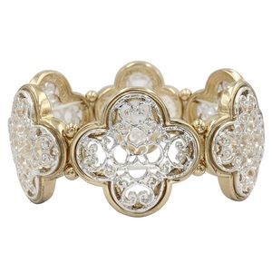 Filigree Silver Tone & Gold Tone Quatrefoil Stretch Bracelet